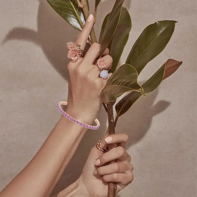 10k Rose Gold 6 Cttw Created Amethyst Round Adjustable Tennis Plated Bracelet