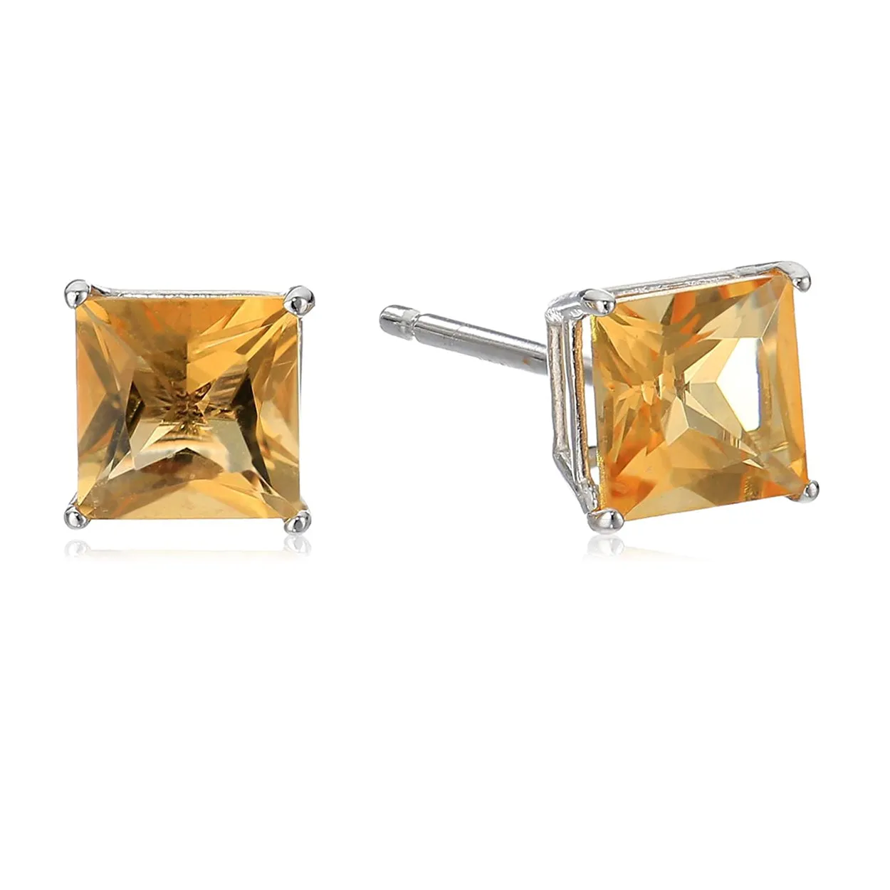 10k White Gold Plated 4 Carat Princess Cut Created Citrine Sapphire Stud Earrings
