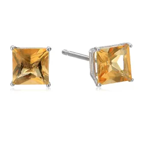10k White Gold Plated 4 Carat Princess Cut Created Citrine Sapphire Stud Earrings