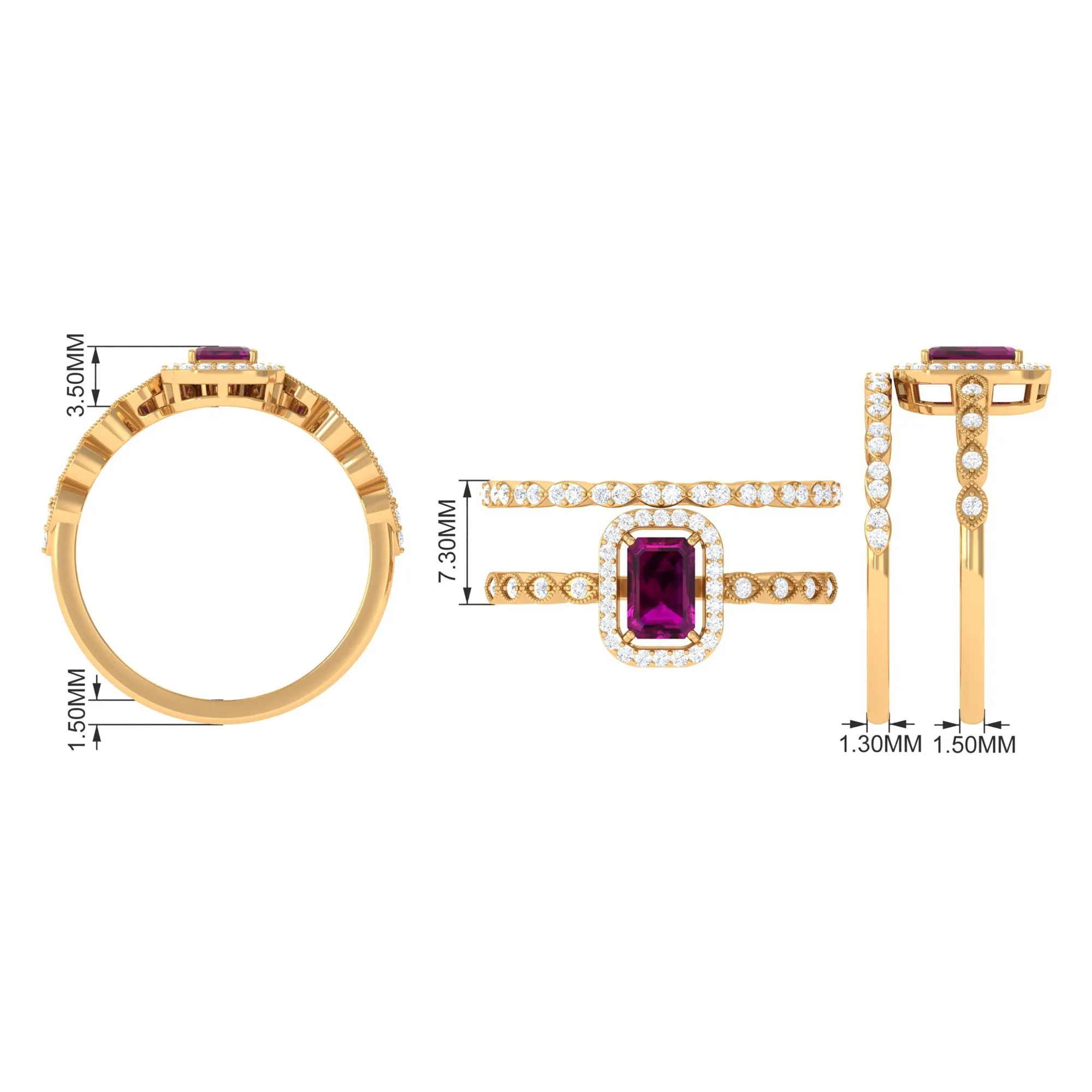 1.25 CT Emerald Cut Rhodolite and Diamond Designer Ring Set
