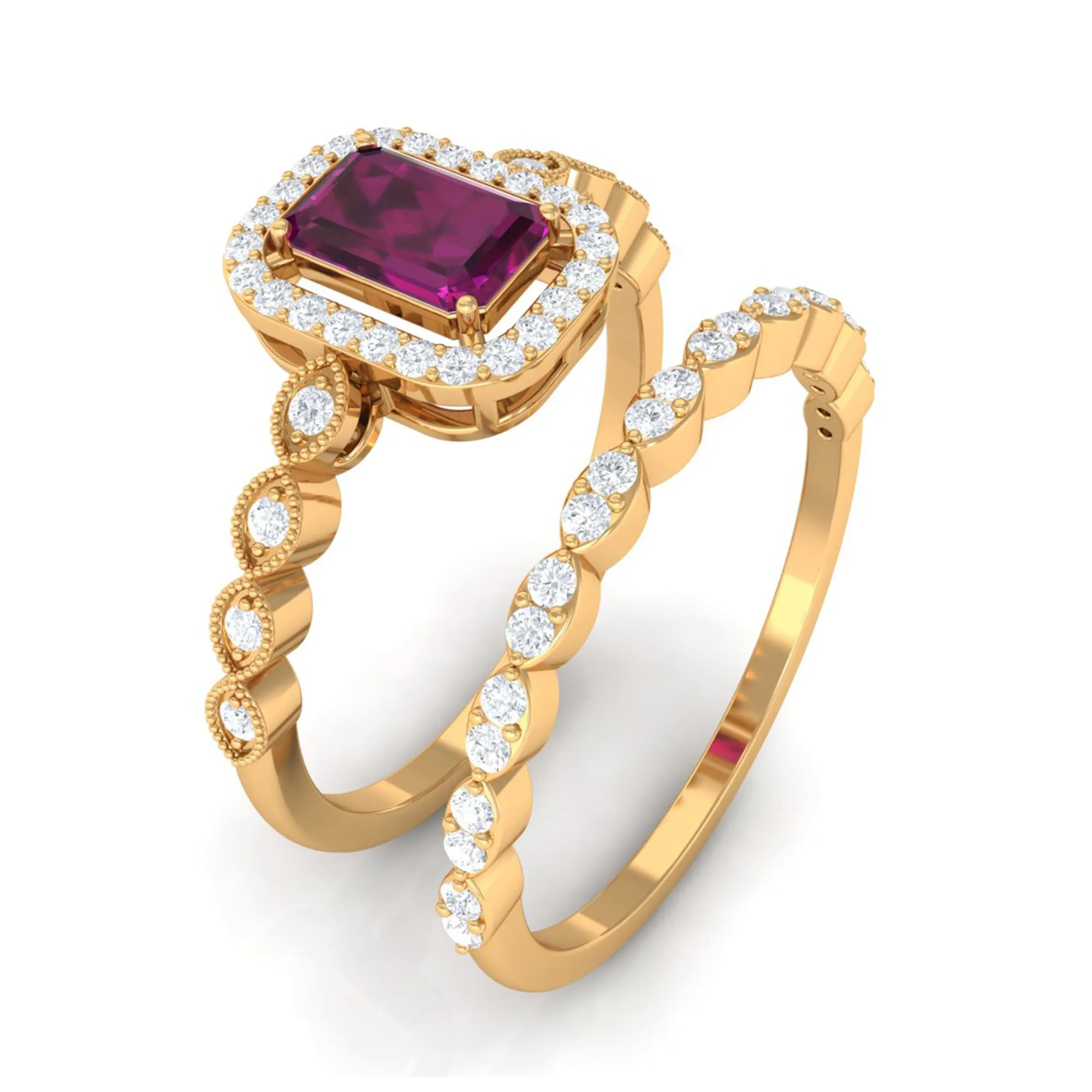1.25 CT Emerald Cut Rhodolite and Diamond Designer Ring Set