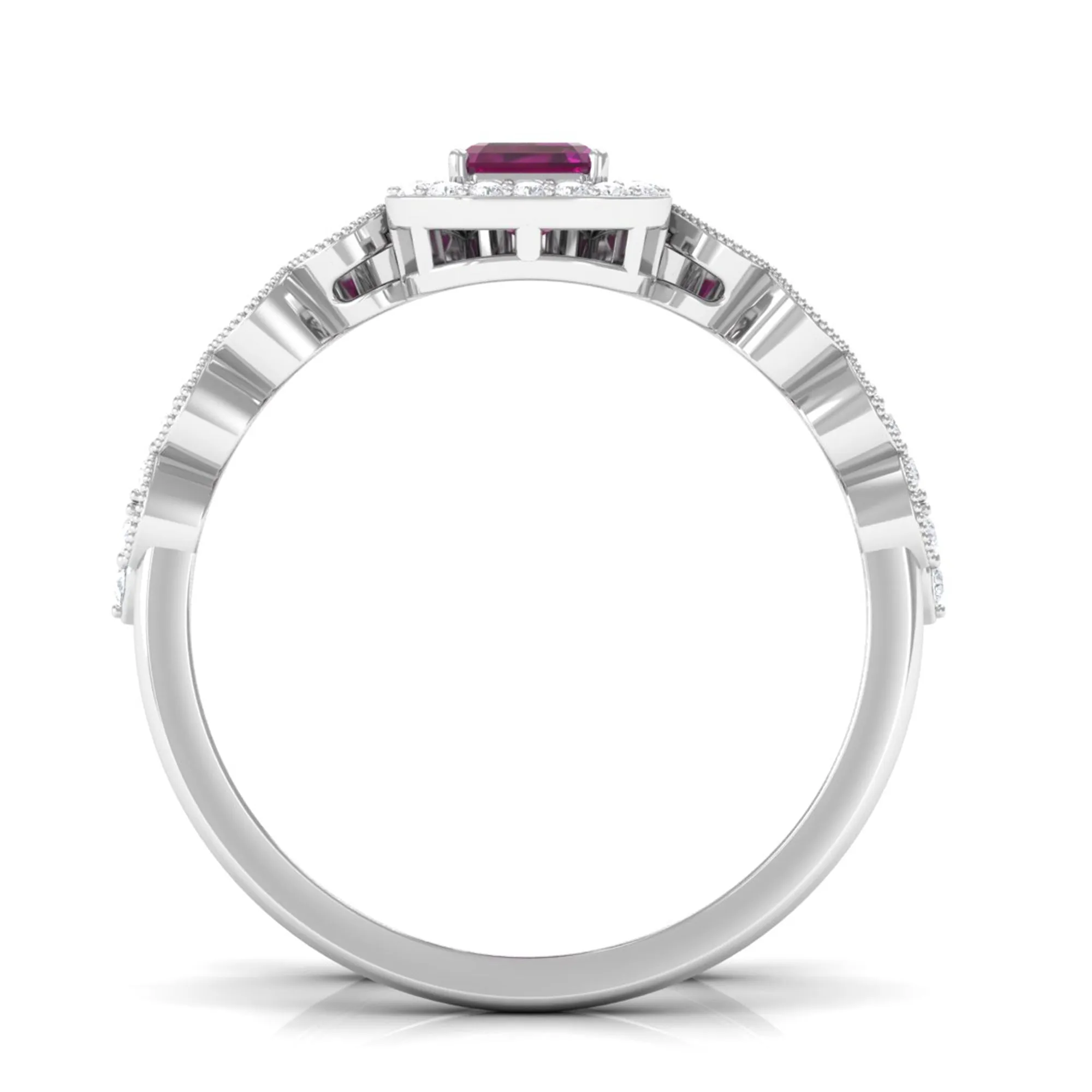 1.25 CT Emerald Cut Rhodolite and Diamond Designer Ring Set