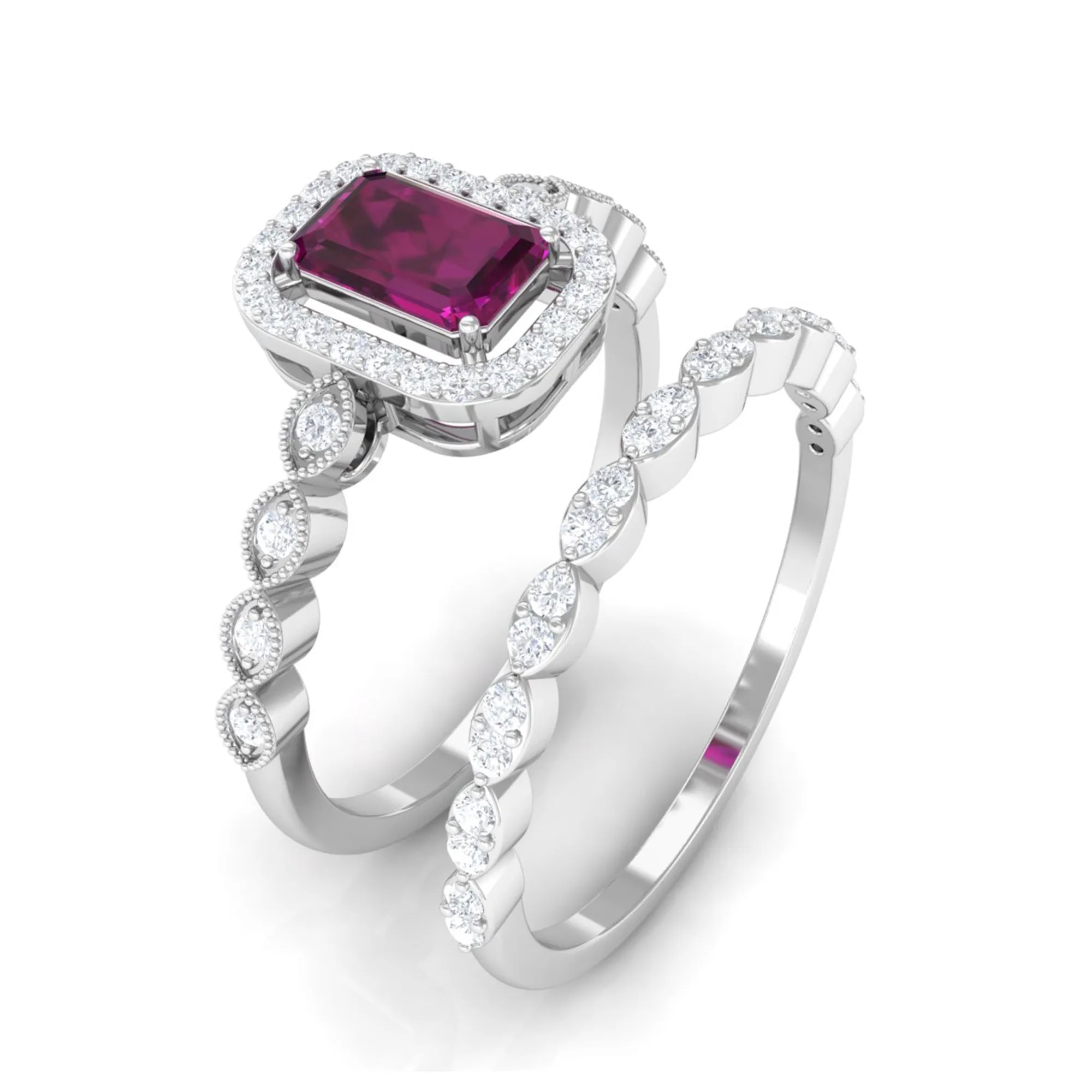 1.25 CT Emerald Cut Rhodolite and Diamond Designer Ring Set