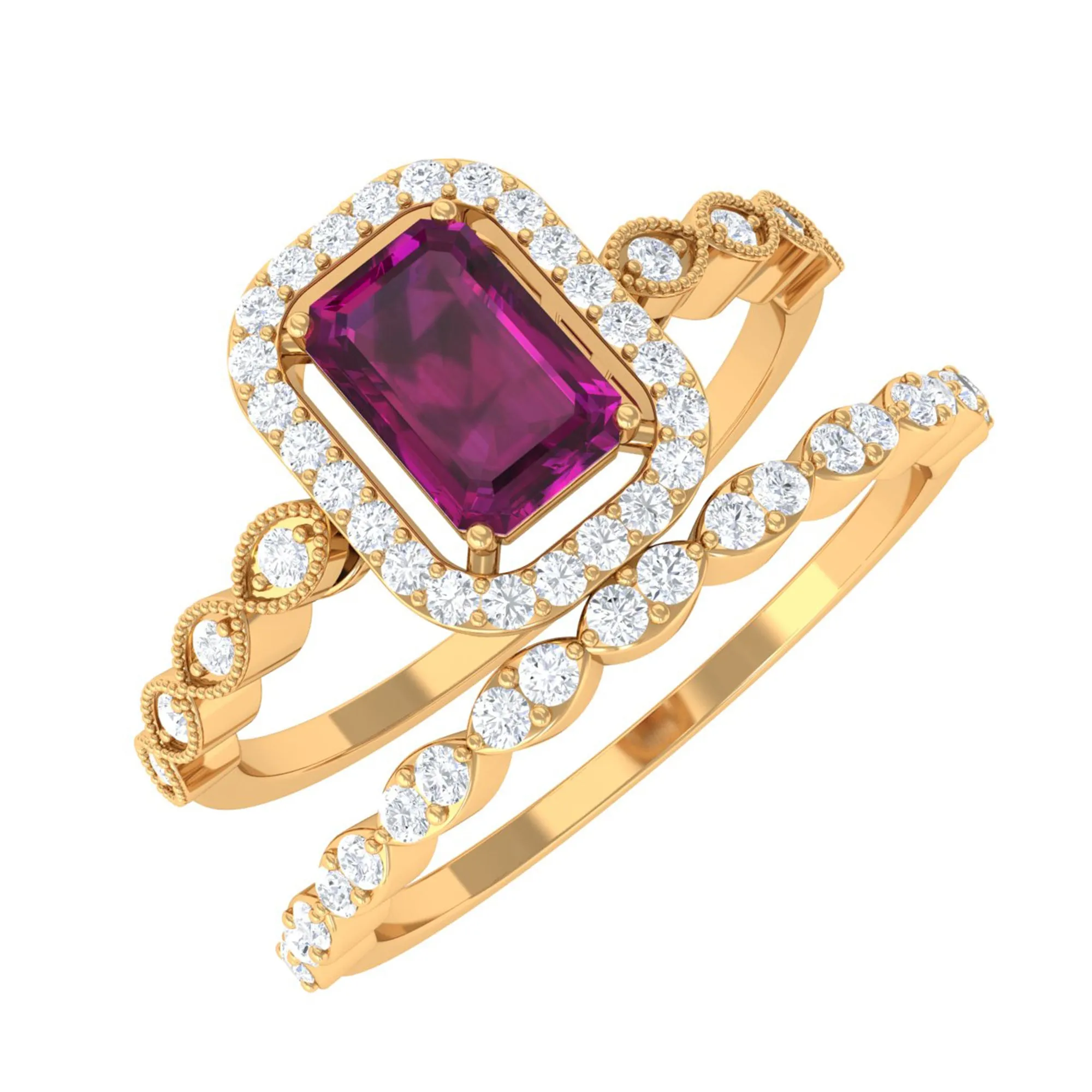 1.25 CT Emerald Cut Rhodolite and Diamond Designer Ring Set