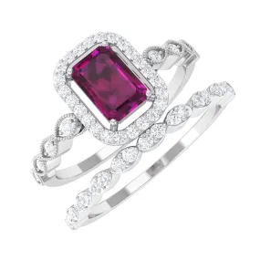 1.25 CT Emerald Cut Rhodolite and Diamond Designer Ring Set