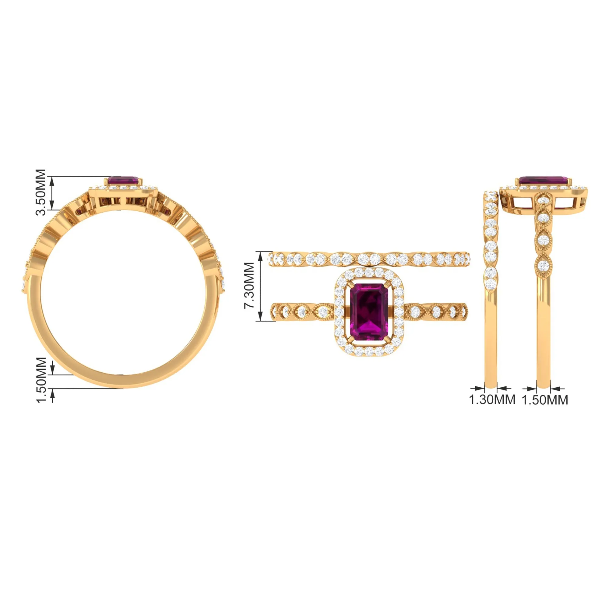 1.25 CT Emerald Cut Rhodolite and Diamond Designer Ring Set