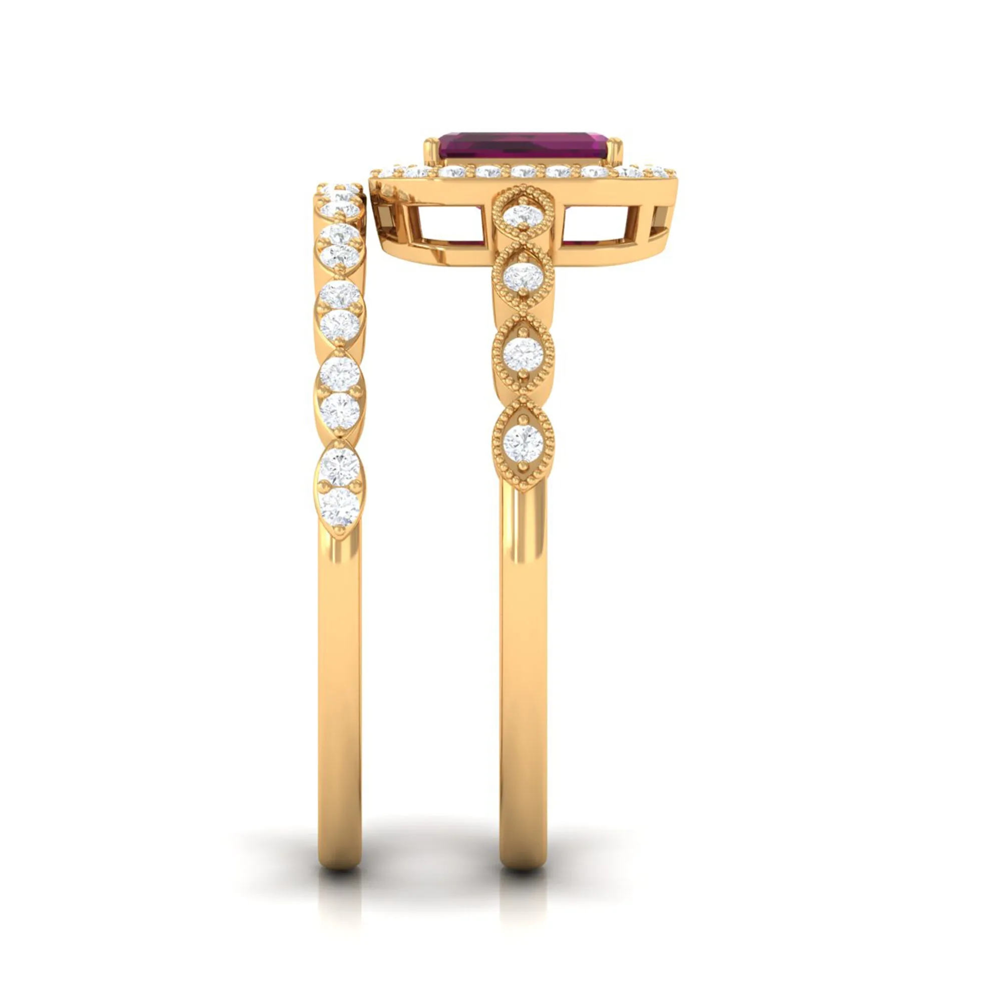 1.25 CT Emerald Cut Rhodolite and Diamond Designer Ring Set