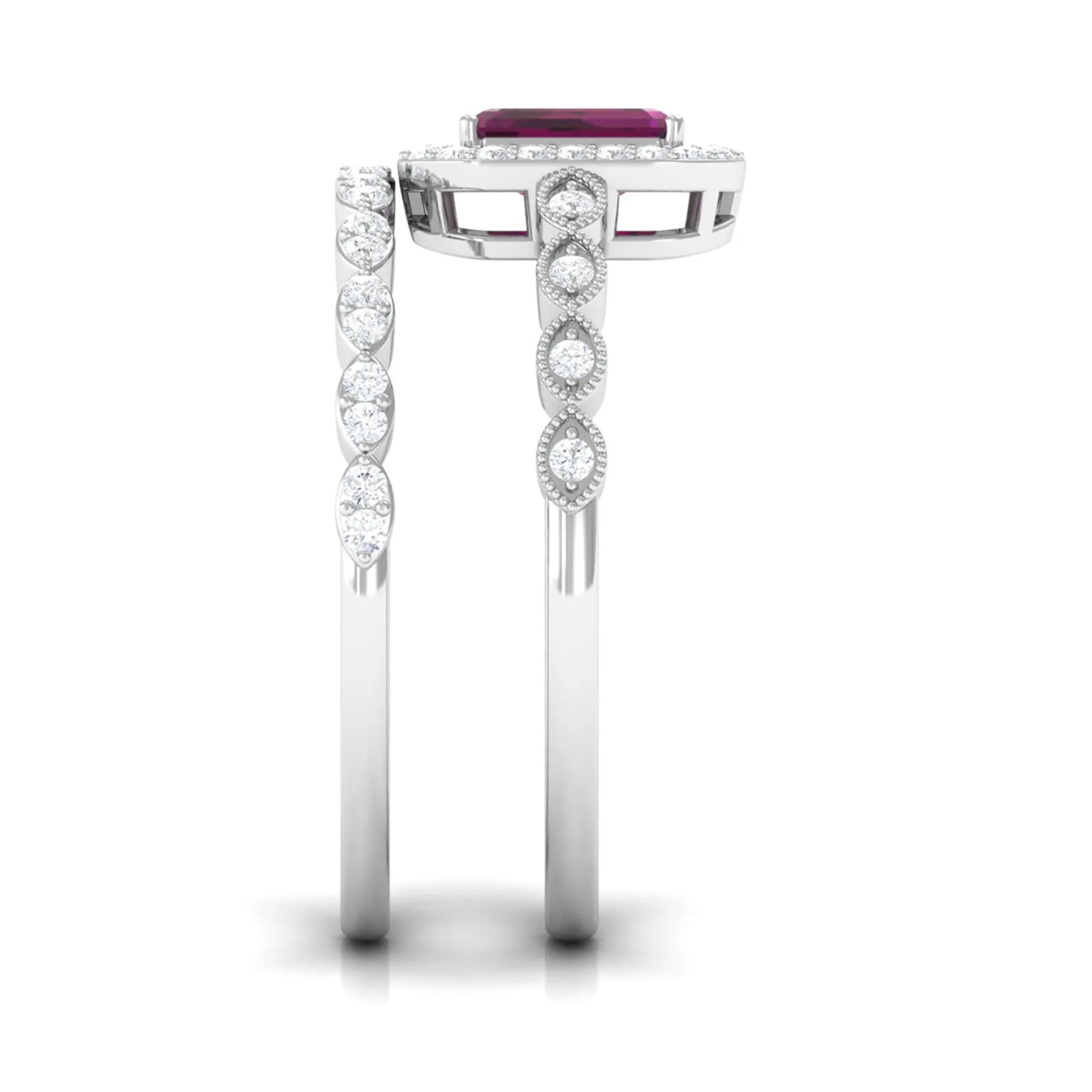1.25 CT Emerald Cut Rhodolite and Diamond Designer Ring Set