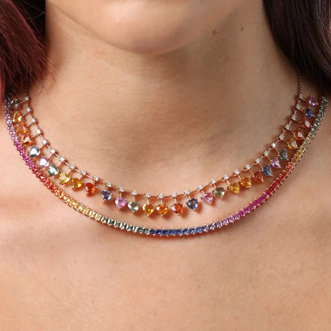 14.16ct Multi Gemstone 18K Gold Tennis Necklace