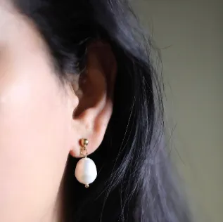 14K Gold Chunky Drop Pearl Earring | Large Statement Pearl Dangle | Pearl Studs