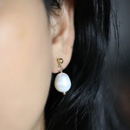 14K Gold Chunky Drop Pearl Earring | Large Statement Pearl Dangle | Pearl Studs