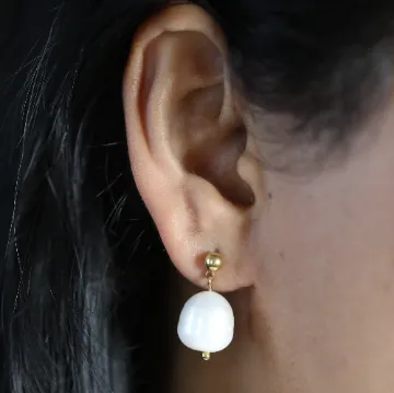 14K Gold Chunky Drop Pearl Earring | Large Statement Pearl Dangle | Pearl Studs