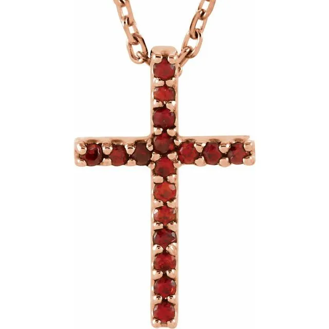 14K Gold Genuine Gemstone Petite Cross 16" Necklaces