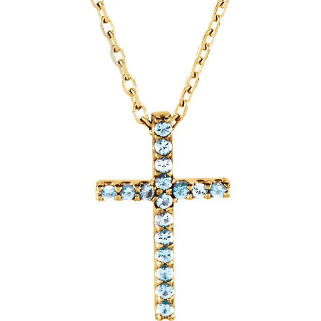 14K Gold Genuine Gemstone Petite Cross 16" Necklaces