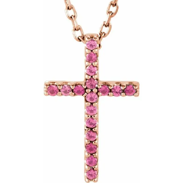 14K Gold Genuine Gemstone Petite Cross 16" Necklaces
