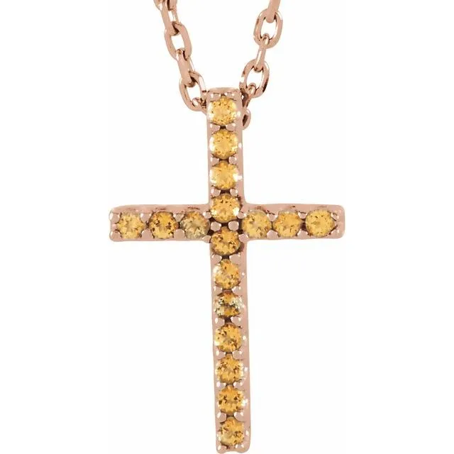 14K Gold Genuine Gemstone Petite Cross 16" Necklaces