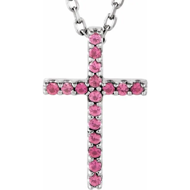 14K Gold Genuine Gemstone Petite Cross 16" Necklaces