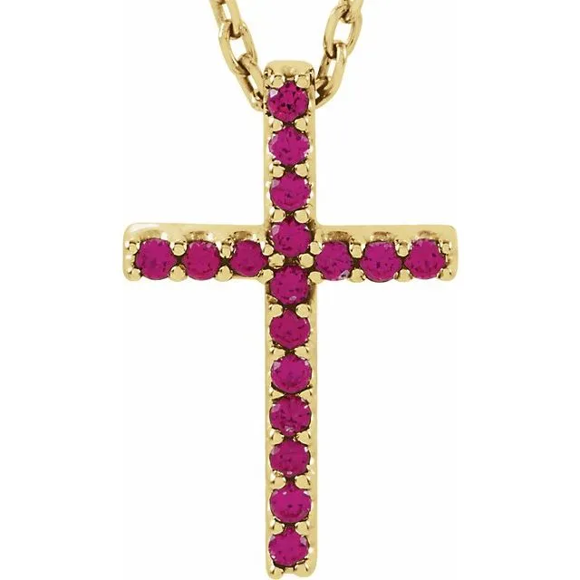 14K Gold Genuine Gemstone Petite Cross 16" Necklaces