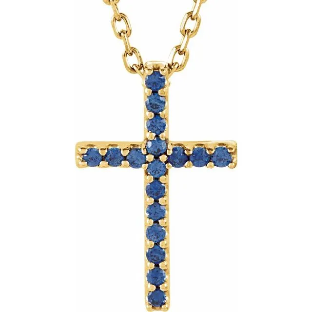 14K Gold Genuine Gemstone Petite Cross 16" Necklaces