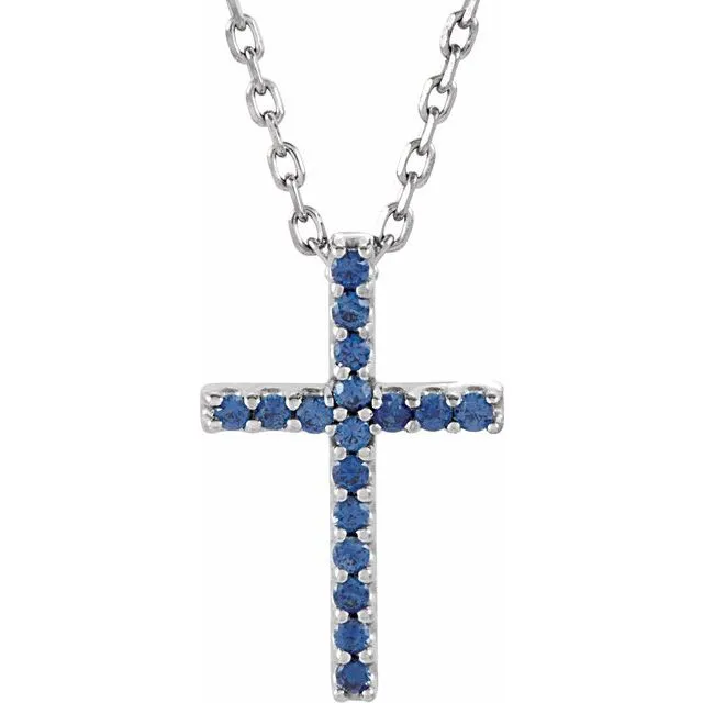 14K Gold Genuine Gemstone Petite Cross 16" Necklaces