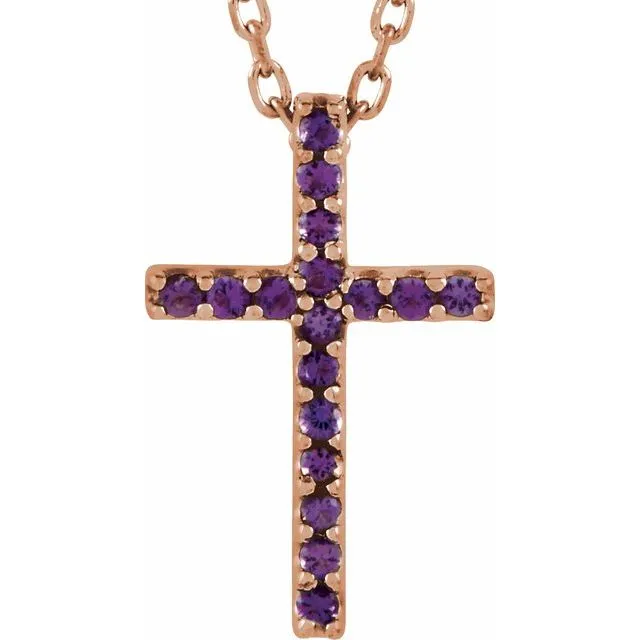 14K Gold Genuine Gemstone Petite Cross 16" Necklaces