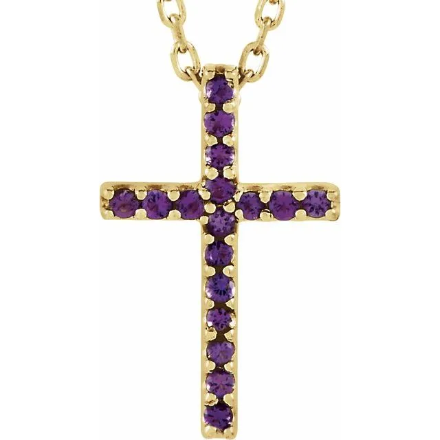 14K Gold Genuine Gemstone Petite Cross 16" Necklaces