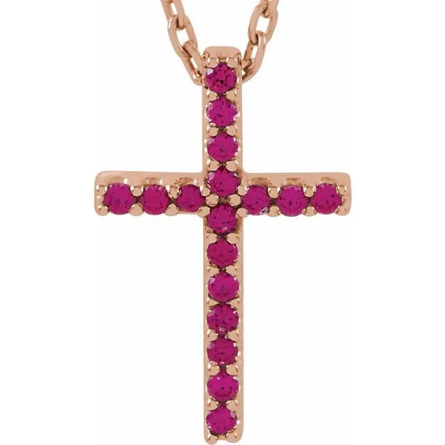 14K Gold Genuine Gemstone Petite Cross 16" Necklaces