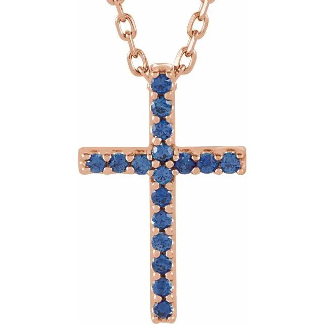 14K Gold Genuine Gemstone Petite Cross 16" Necklaces