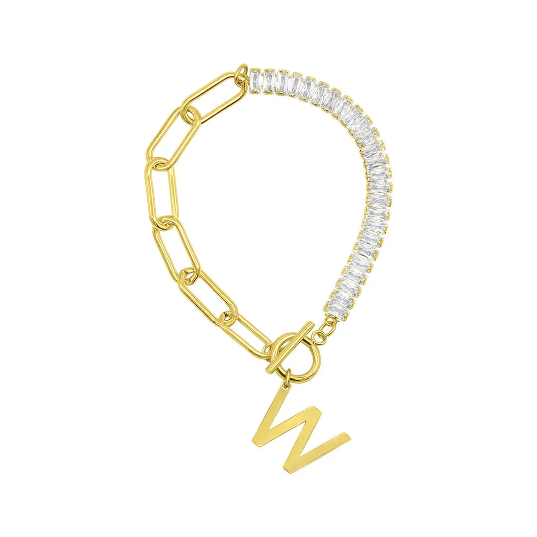 14k Gold Plated Half Crystal And Half Paperclip Initial Toggle Bracelet