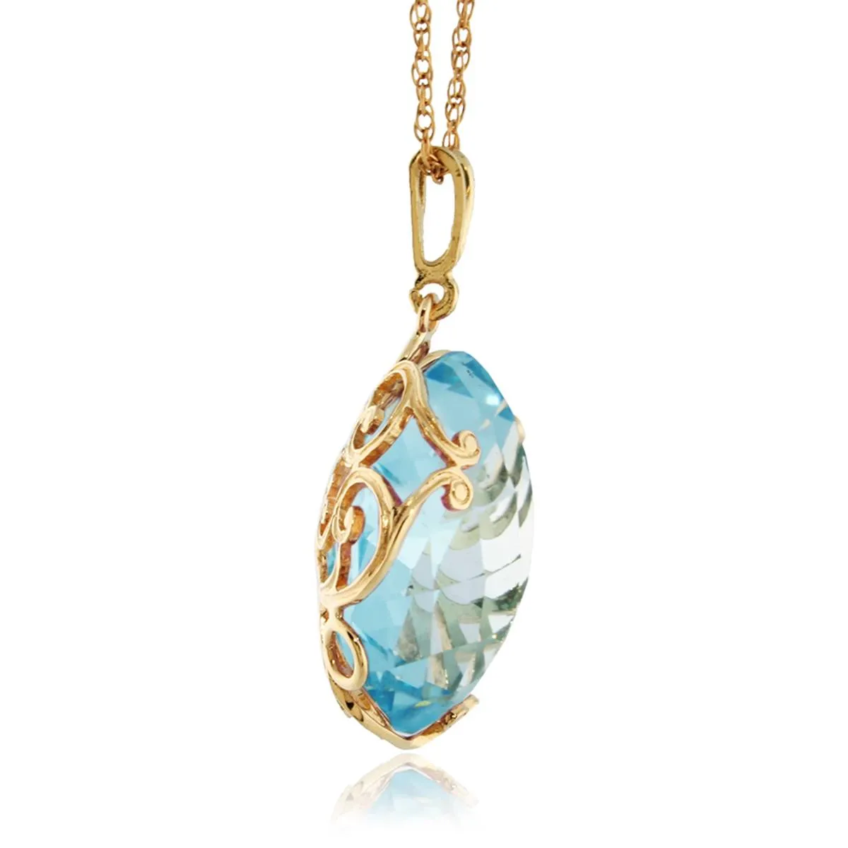 14K Solid Yellow Gold Checkerboard Round Blue Topaz Necklace