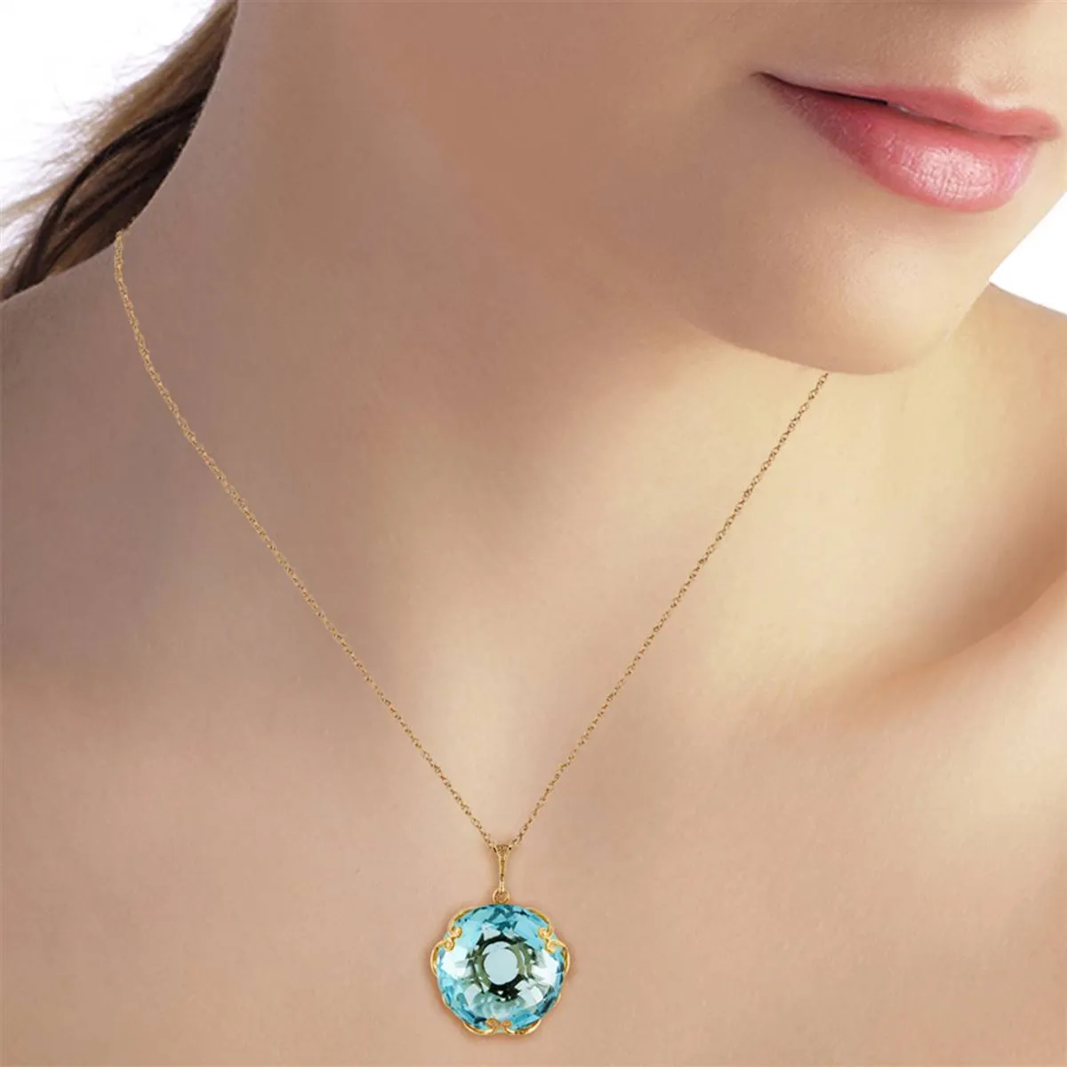 14K Solid Yellow Gold Checkerboard Round Blue Topaz Necklace