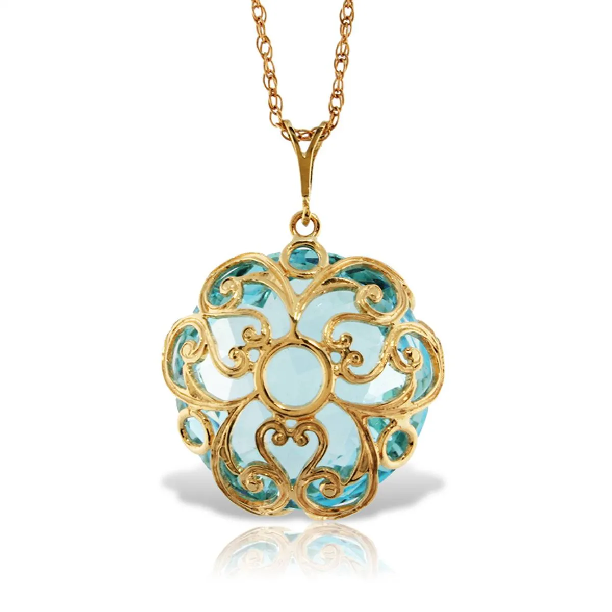 14K Solid Yellow Gold Checkerboard Round Blue Topaz Necklace