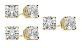 14k Yellow Gold 4Ct Cushion Cut White Sapphire Set Of Three Stud Earrings Plated