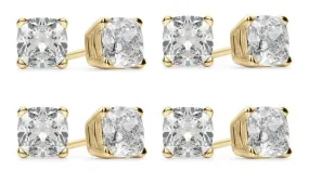 14k Yellow Gold 4mm 1/2Ct Cushion Cut White Sapphire Set Of Four Stud Earrings Plated