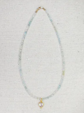 14K Yellow Gold Multicolor Aquamarine Gemstone Necklace 17" with 24K Gold Rainbow Moonstone & Diamond Charm
