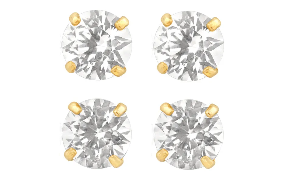 14k Yellow Gold Plated 2Ct Round White Sapphire Set Of Two Stud Earrings