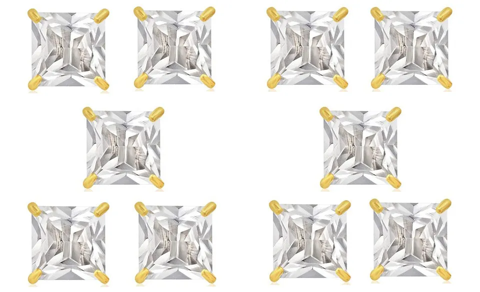 14k Yellow Gold Plated 2Ct Square Cut White Sapphire Set Of Five Stud Earrings