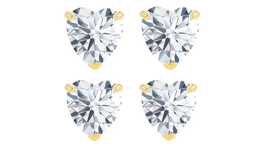 14k Yellow Gold Plated 4Ct Heart White Sapphire Set Of Two Stud Earrings