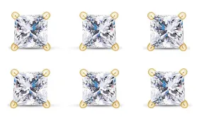 14k Yellow Gold Plated 4mm 1/2Ct Princess Cut White Sapphire Set Of Three Stud Earrings