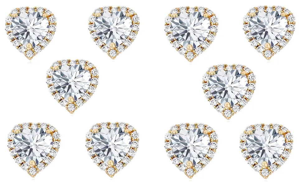 14k Yellow Gold Plated 4mm 1Ct Heart White Sapphire Set of Five Halo Stud Earrings