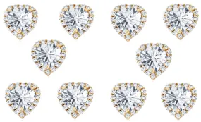 14k Yellow Gold Plated 4mm 1Ct Heart White Sapphire Set of Five Halo Stud Earrings