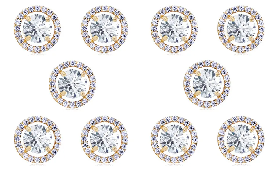 14k Yellow Gold Plated 6mm 1Ct Round White Sapphire Set Of Five Halo Stud Earrings