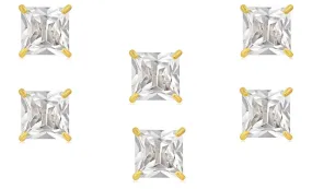 14k Yellow Gold Plated 6mm 2Ct Square Cut White Sapphire Set Of Three Stud Earrings