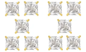 14k Yellow Gold Plated 6mm 3Ct Square Cut White Sapphire Set Of Five Stud Earrings
