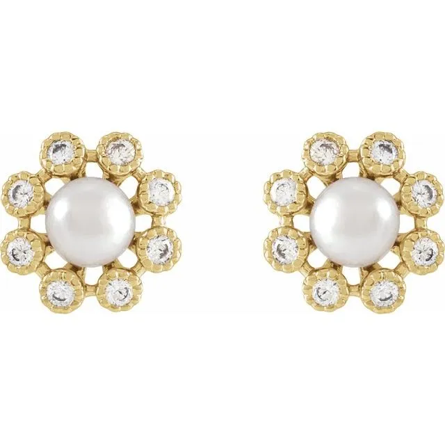 14K Yellow or White Gold Cultured White Freshwater Pearl & 1/8 CTW Natural Diamond Halo Earrings