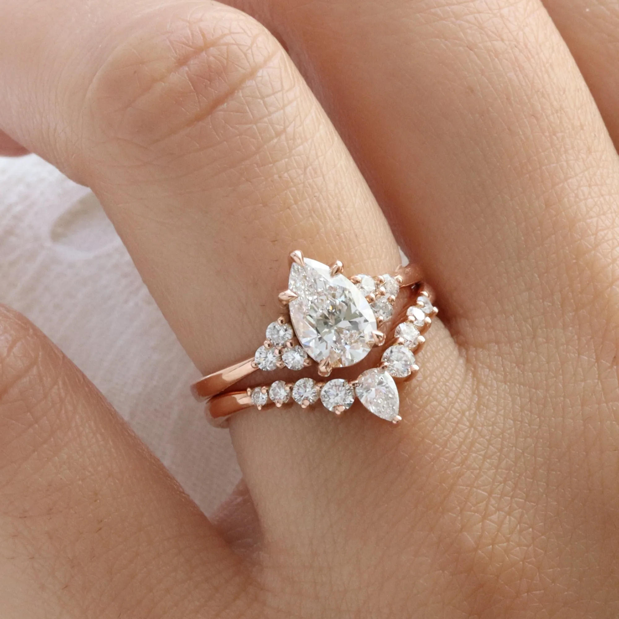 1.78 Ct. Pear Lab Diamond 3 Stone Ring Set w/ Wishbone Wedding Band in Stella Setting