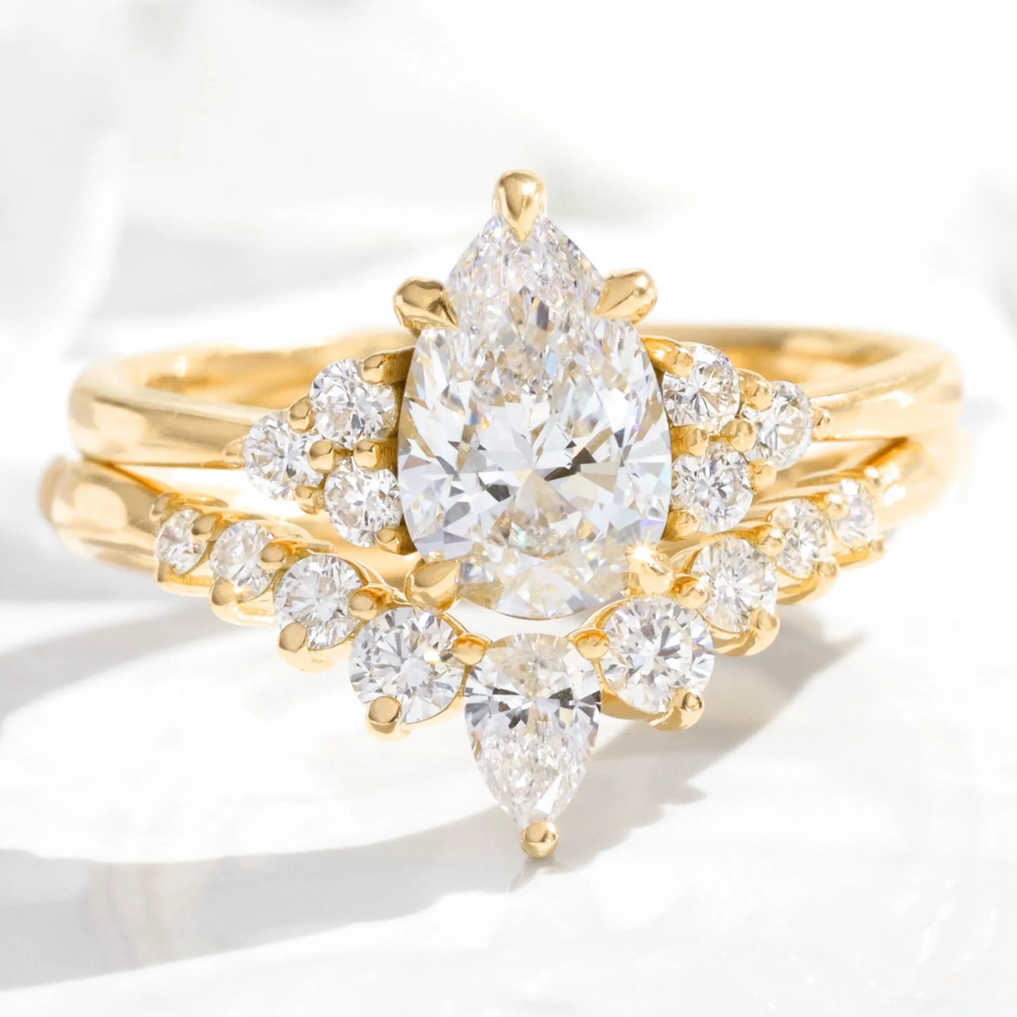 1.78 Ct. Pear Lab Diamond 3 Stone Ring Set w/ Wishbone Wedding Band in Stella Setting