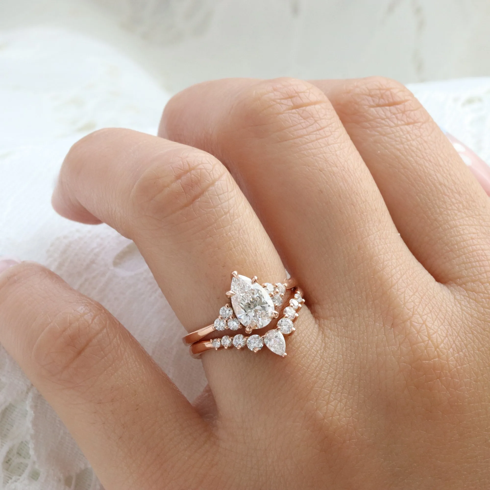 1.78 Ct. Pear Lab Diamond 3 Stone Ring Set w/ Wishbone Wedding Band in Stella Setting
