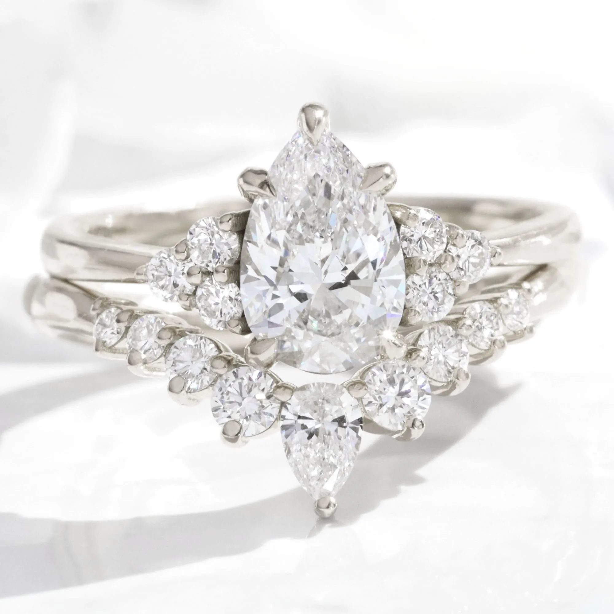 1.78 Ct. Pear Lab Diamond 3 Stone Ring Set w/ Wishbone Wedding Band in Stella Setting