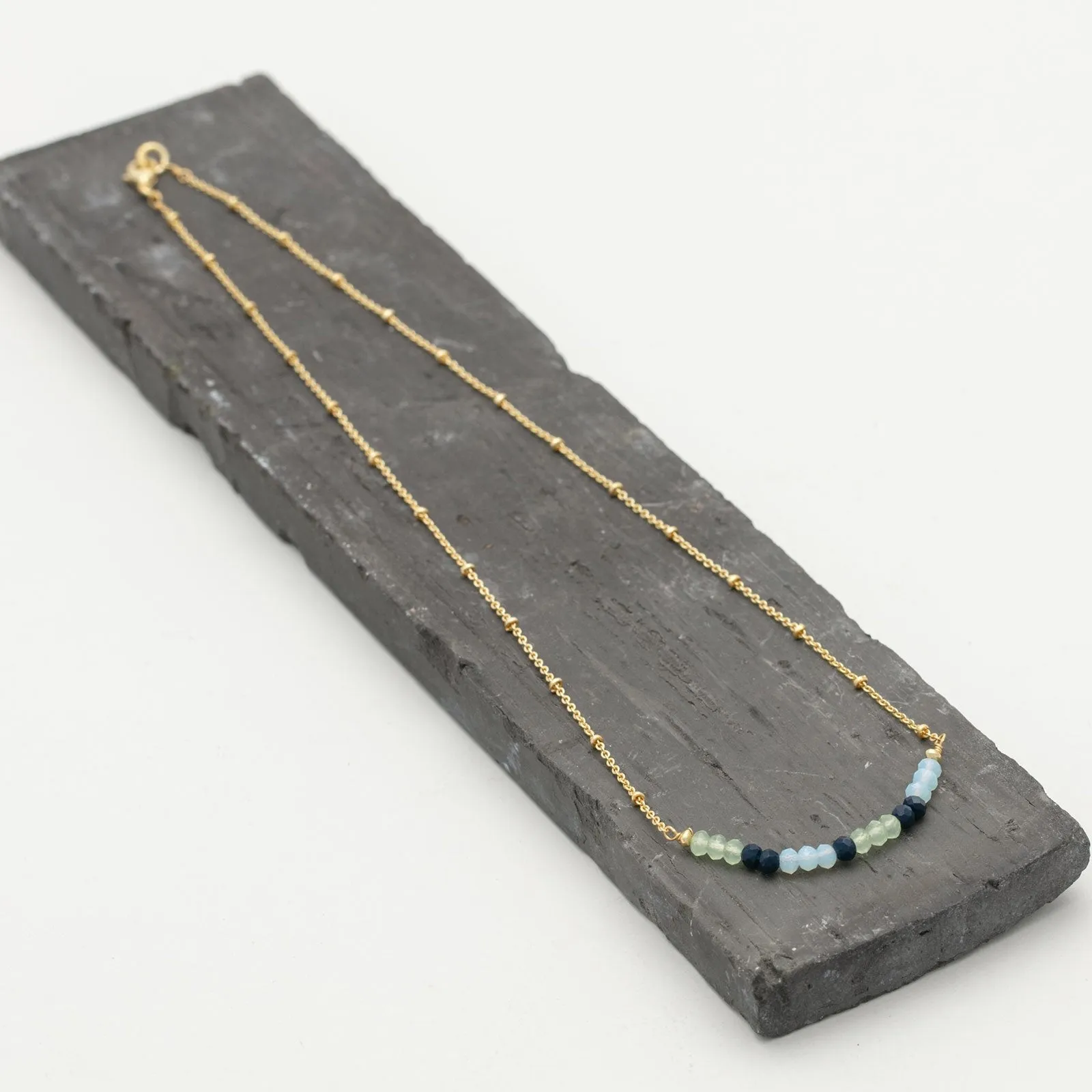 18 Inch 18K Gold Plated Lapiz Blue And Green Chalcedony Beaded Necklace